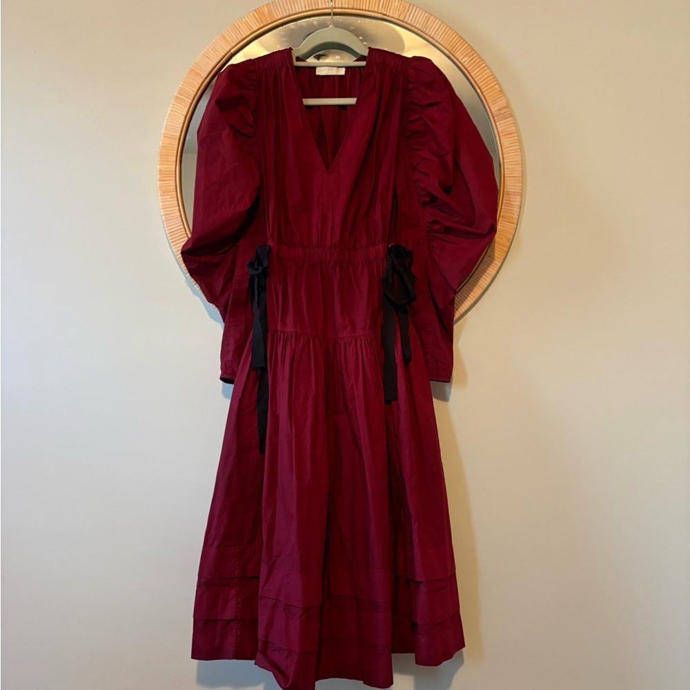 Ulla Johnson Burgundy Althea Midi Dress with Black Ties